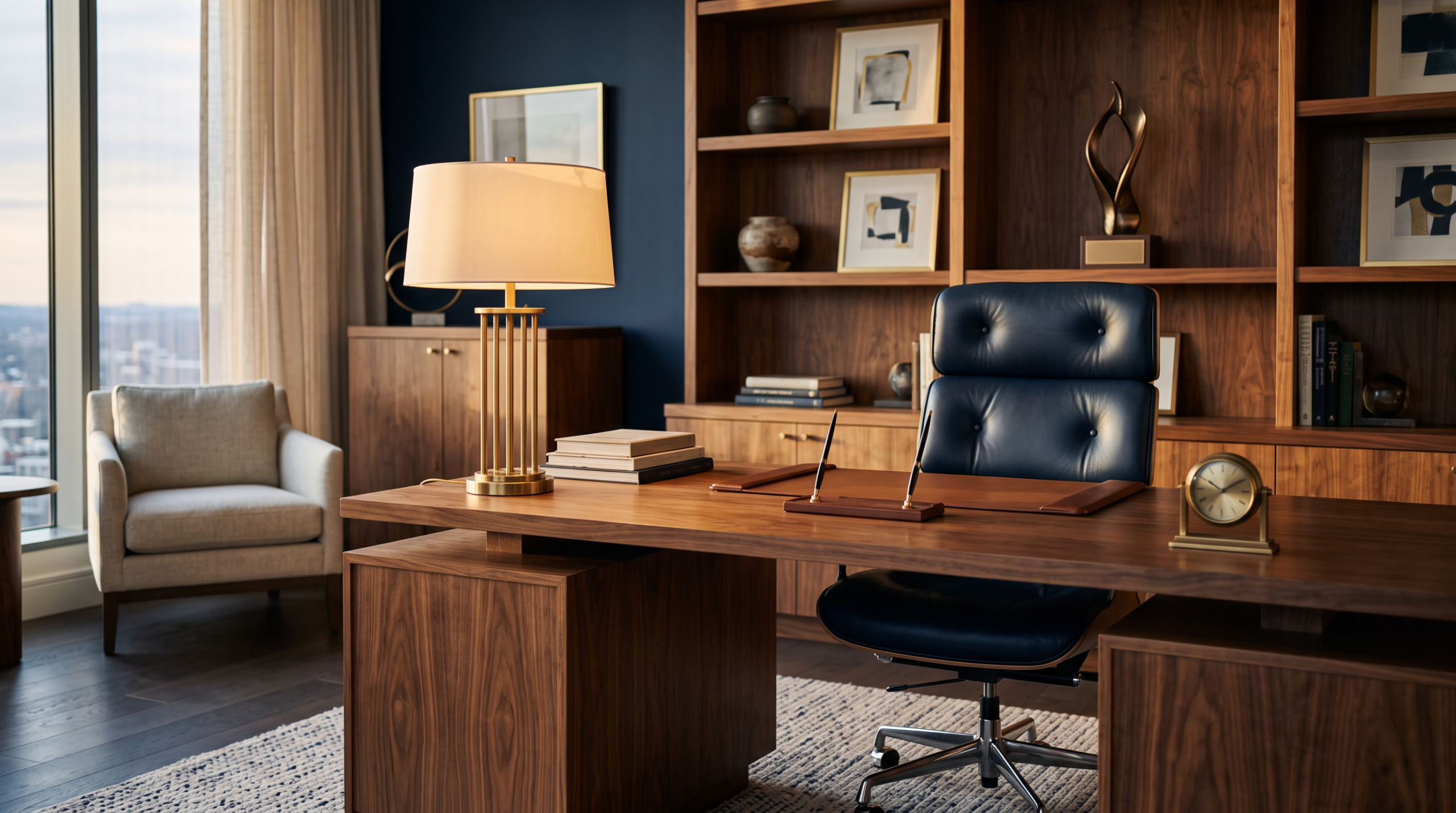 Well-appointed executive office with a walnut desk, leather chair, and warm brass desk lamp.