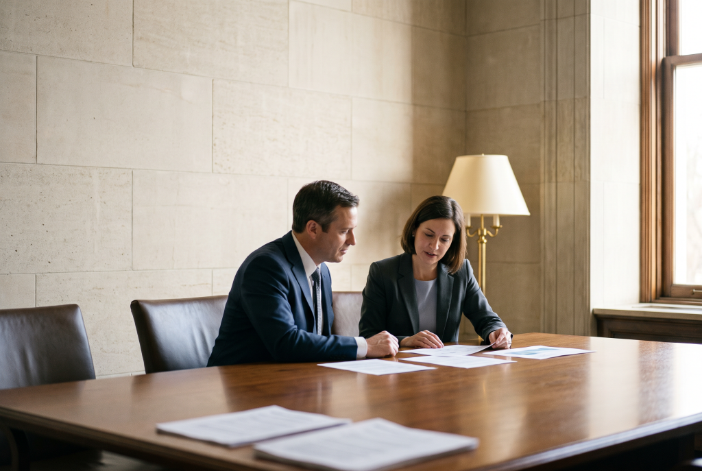 Business professionals reviewing marketing reports together during an agency evaluation.