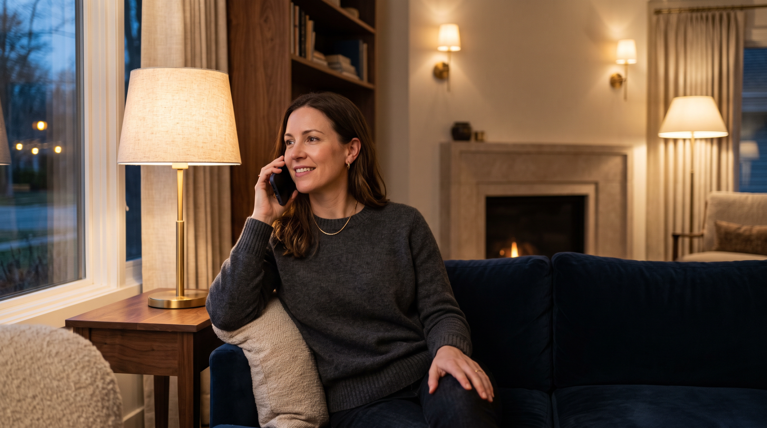 Homeowner making a phone call from a softly lit living room in the evening.