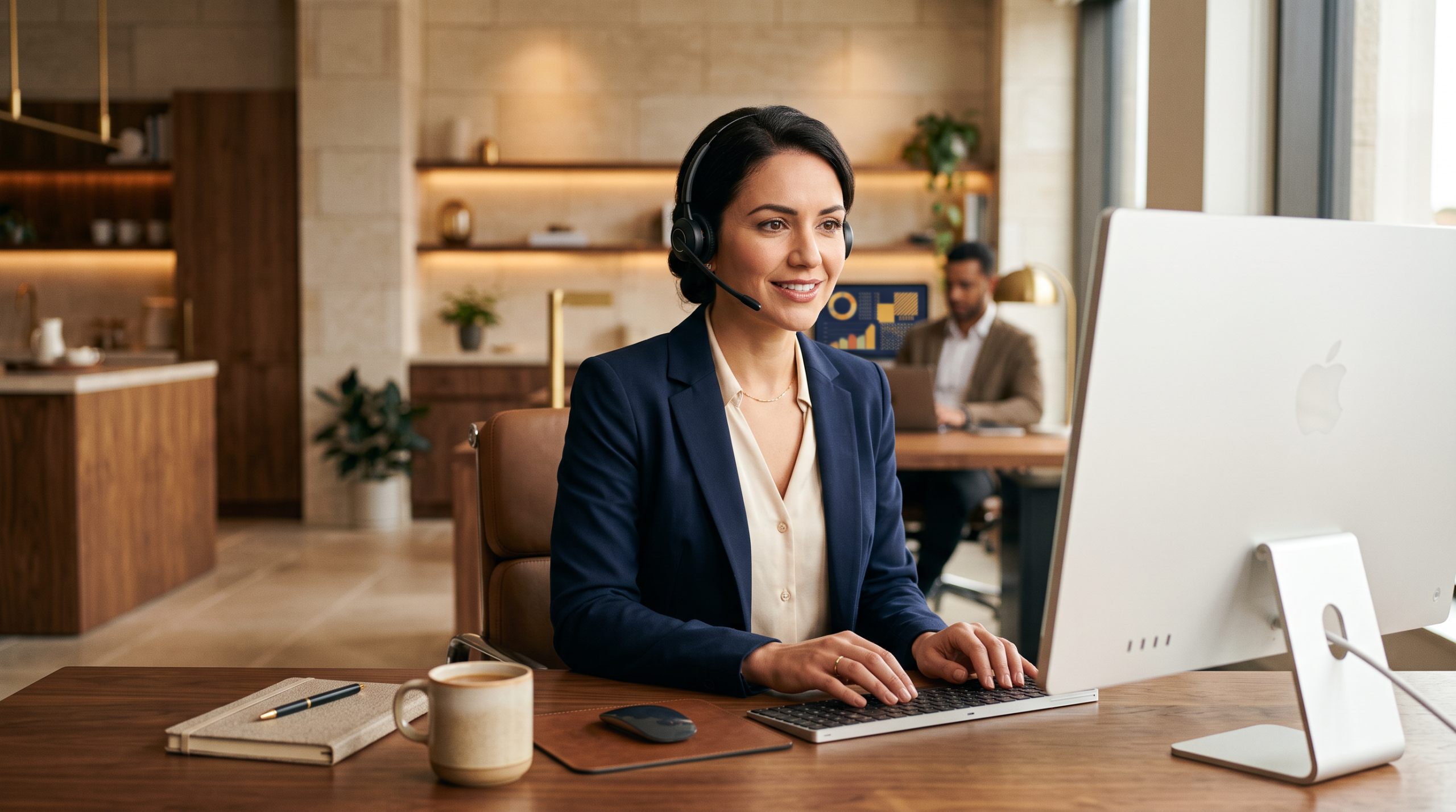 Customer service representative at an organized desk wearing a headset.