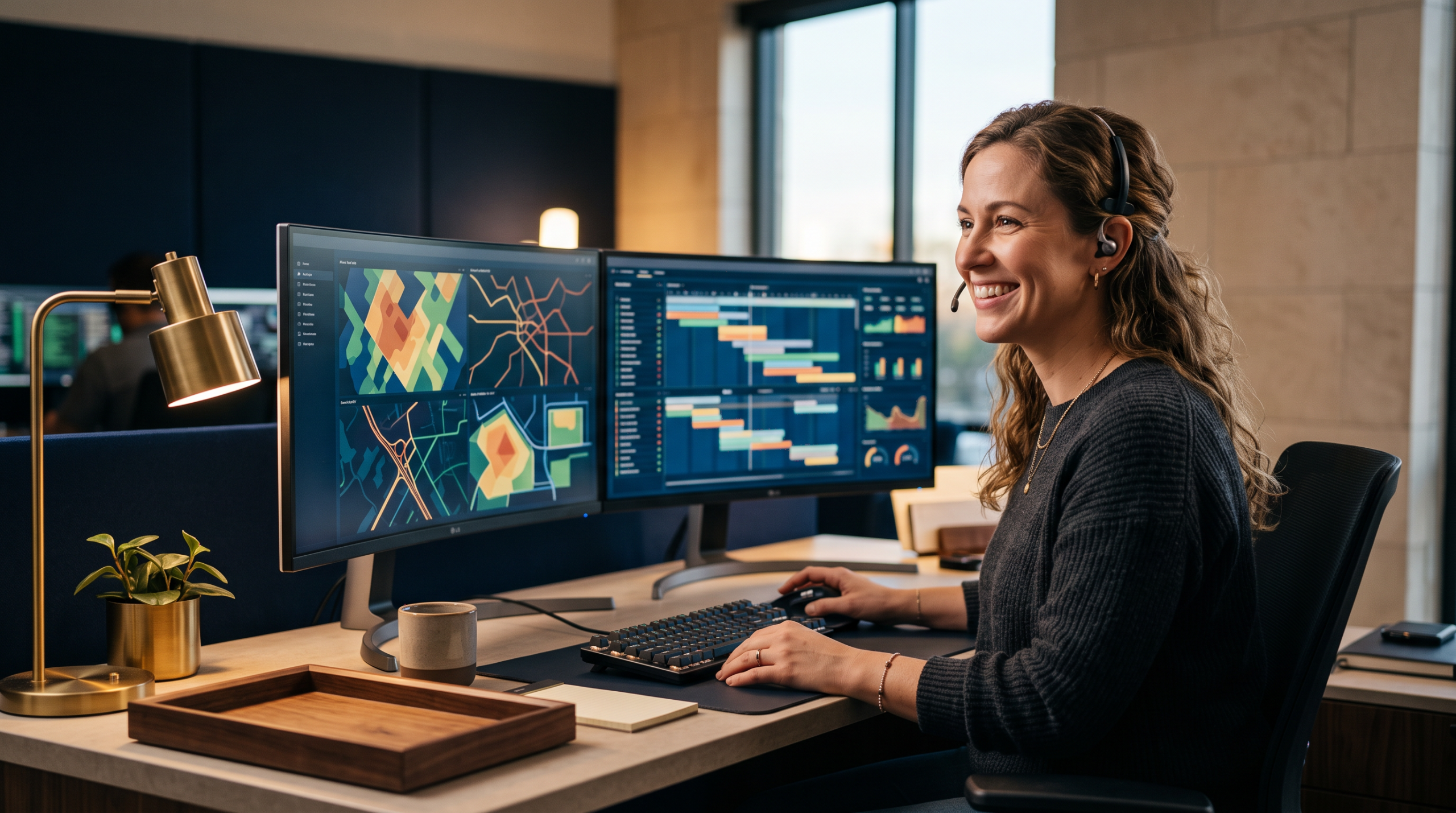 Modern dispatch desk with dual monitors and a focused operator.