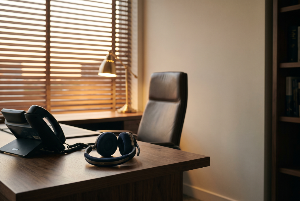 Quiet customer service desk with headset and phone representing call answering operations.