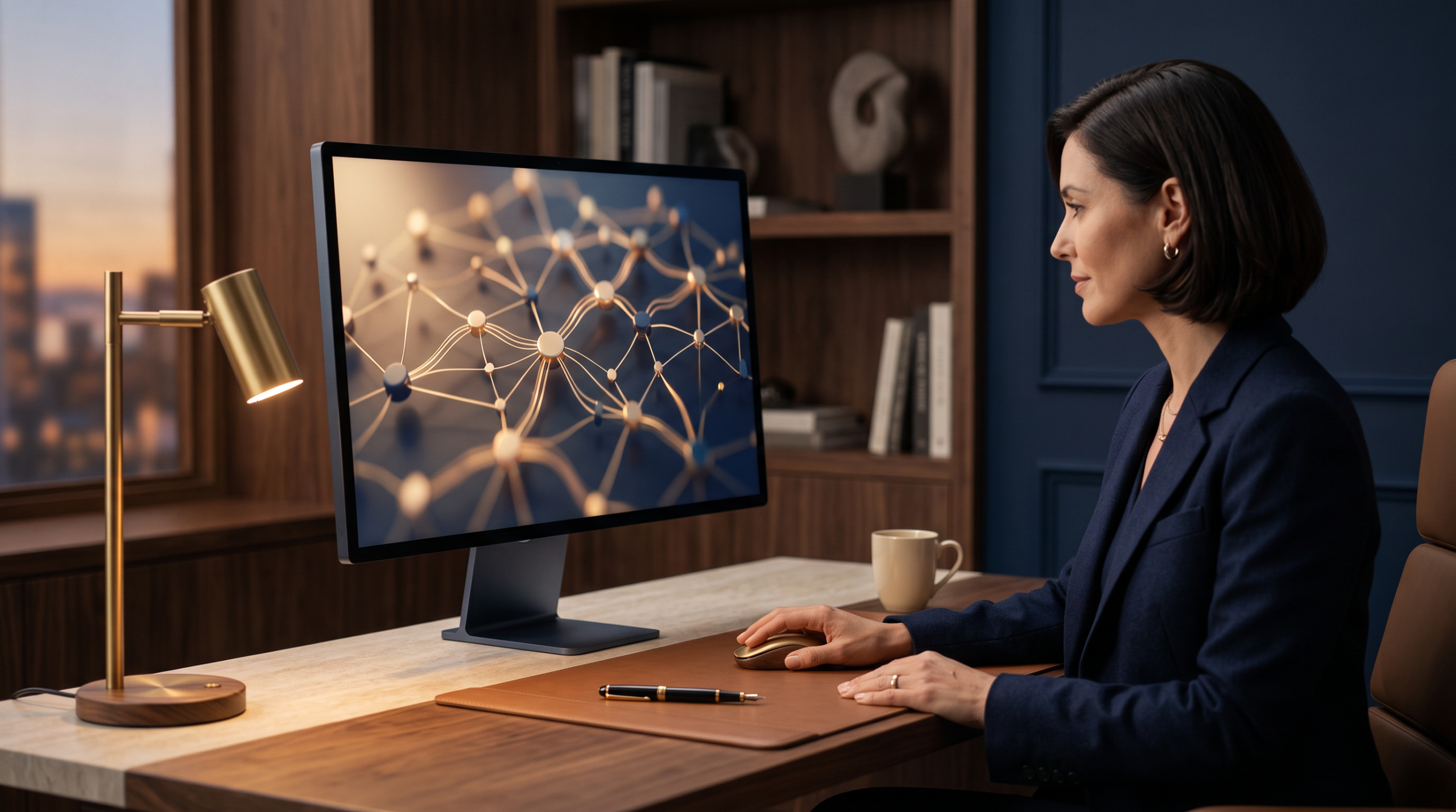 Desk workspace with a monitor showing an abstract network graphic in navy and gold tones.