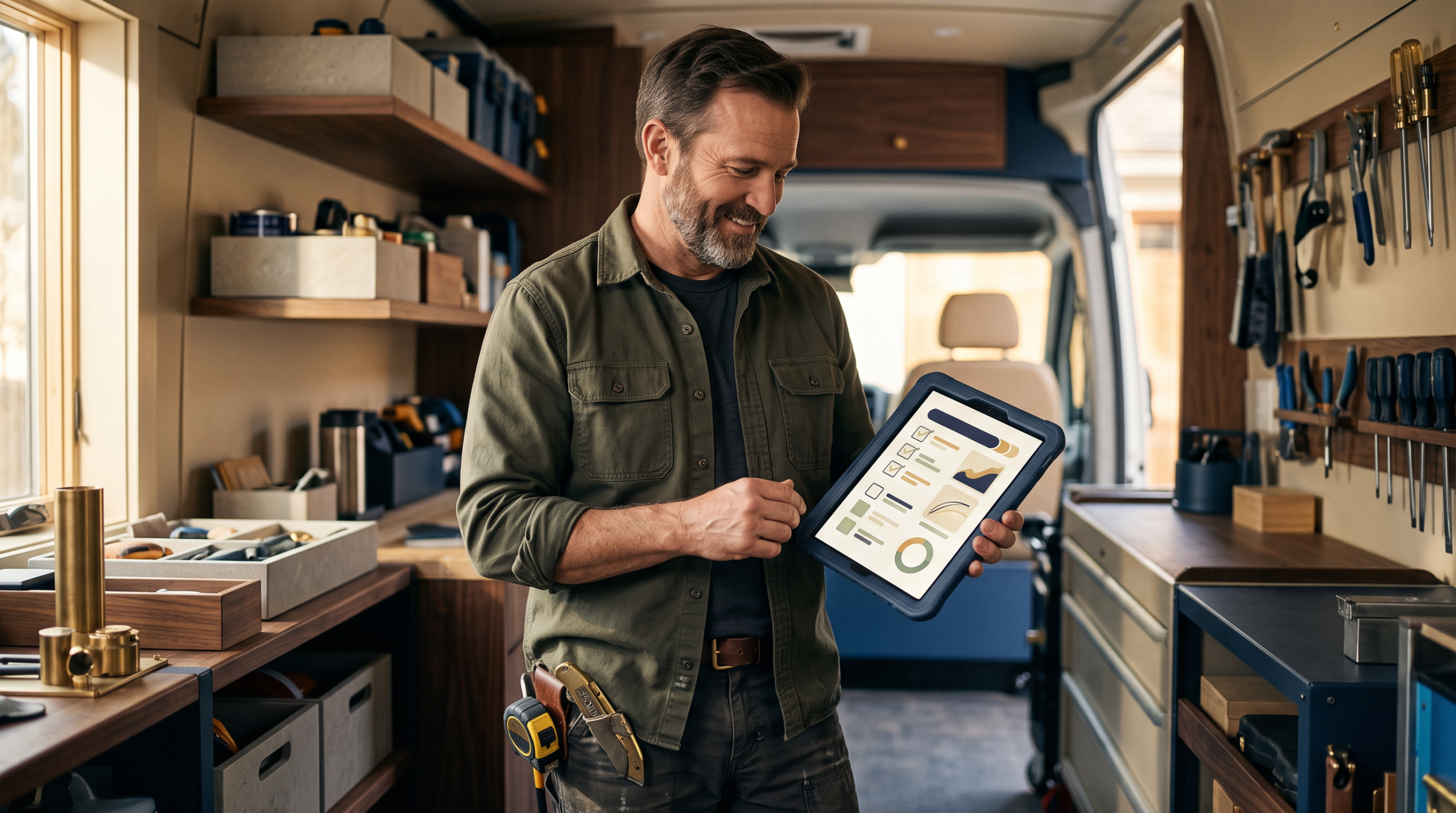 Contractor reviewing a tablet in an organized work van, representing completed field-service work.