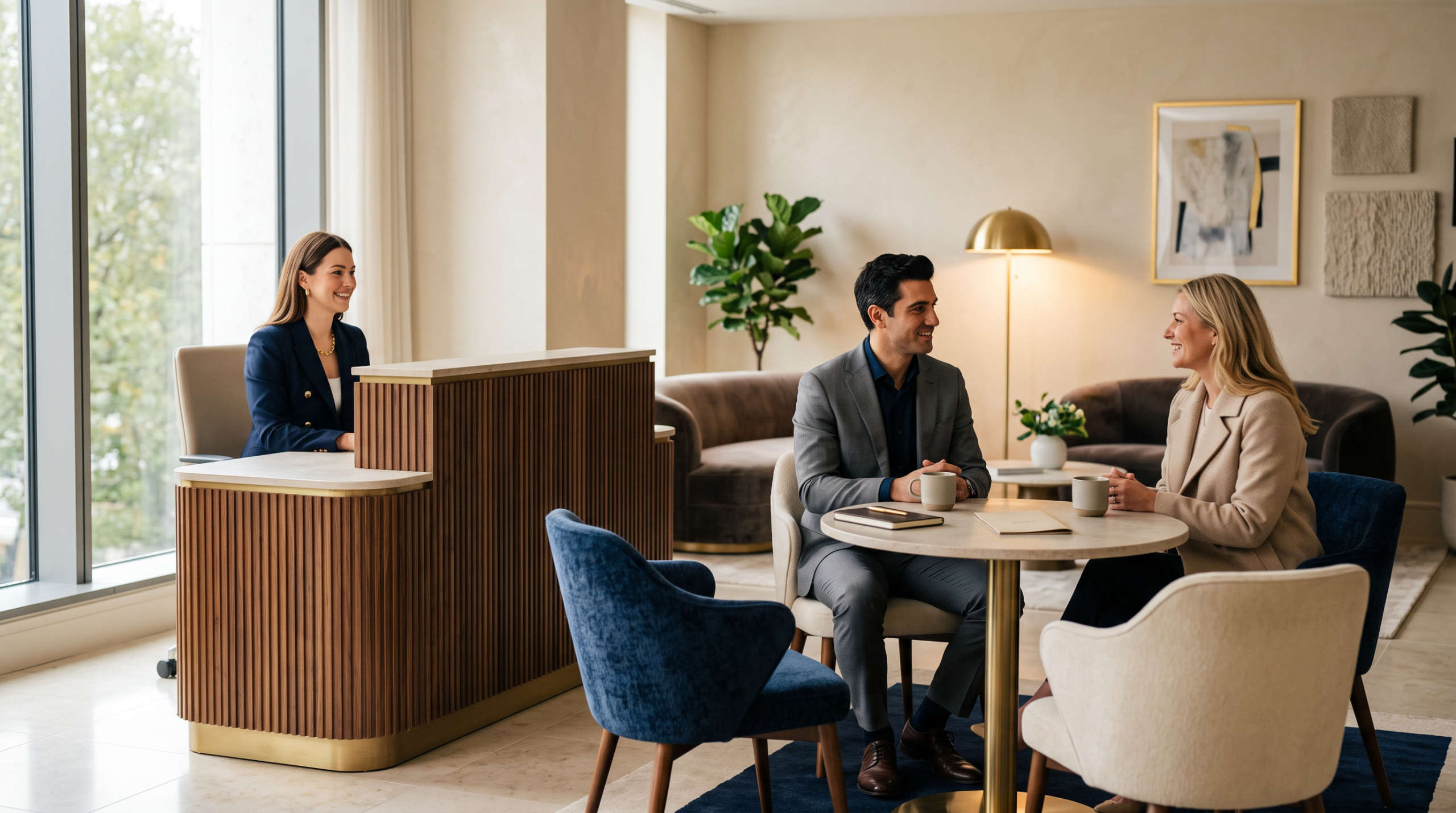 Upscale office reception and consultation area with comfortable seating and warm ambient lighting.