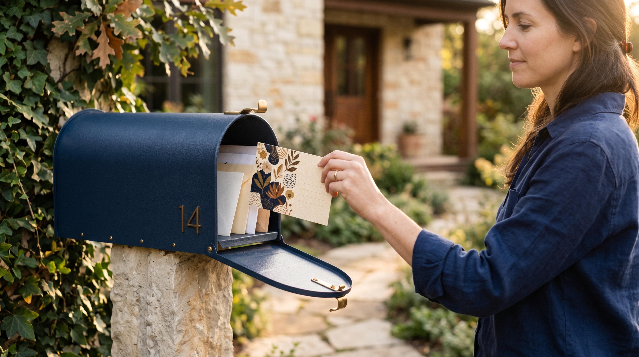 Residential mailbox with a postcard-style mail piece and a homeowner's hand.