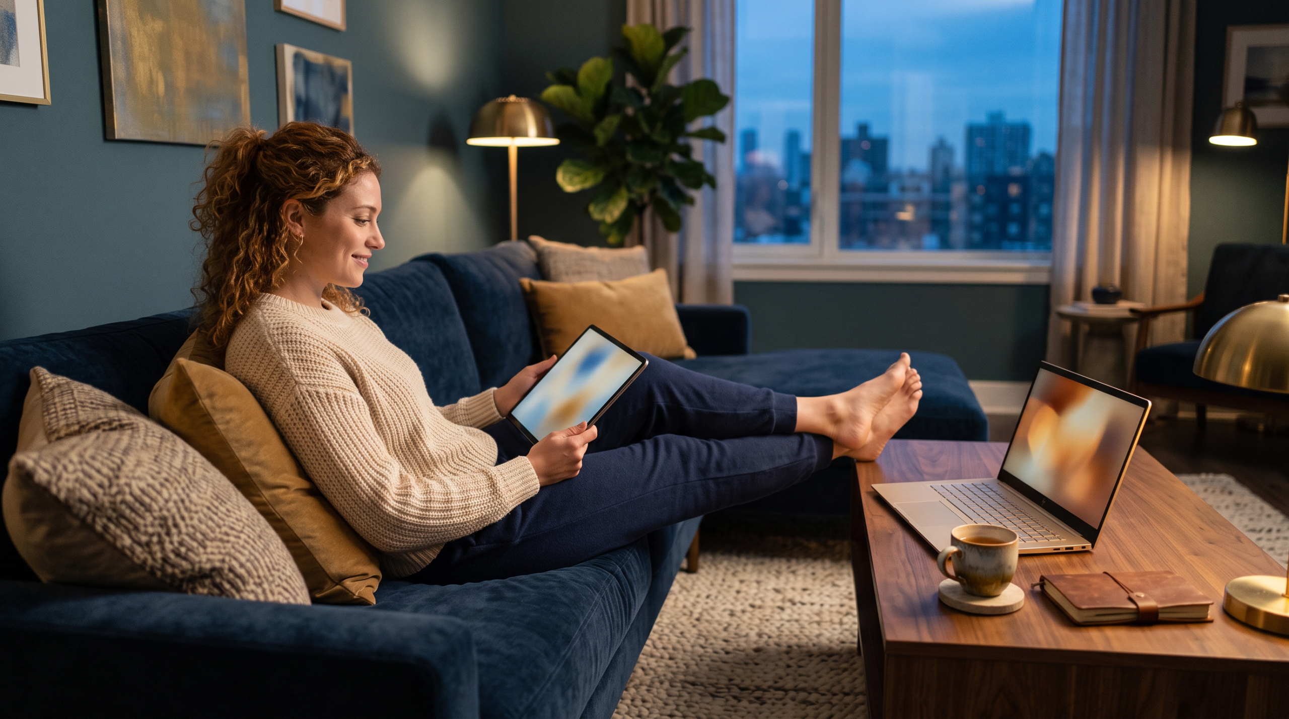 Person relaxed on a couch with a tablet and a laptop open nearby.