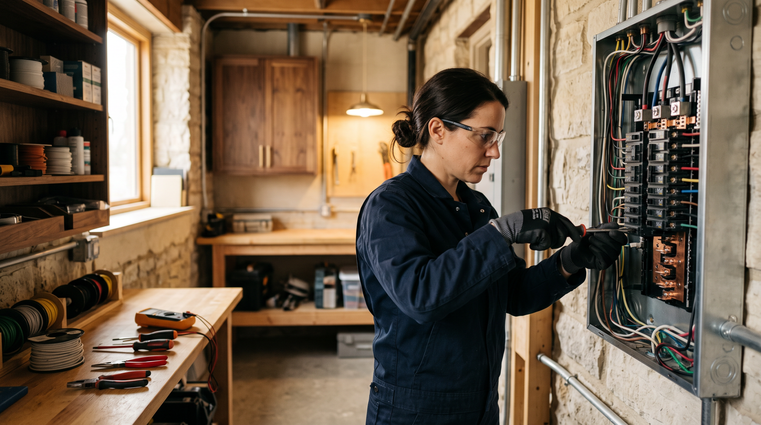 Electrician working at an open breaker panel in a garage or utility room.