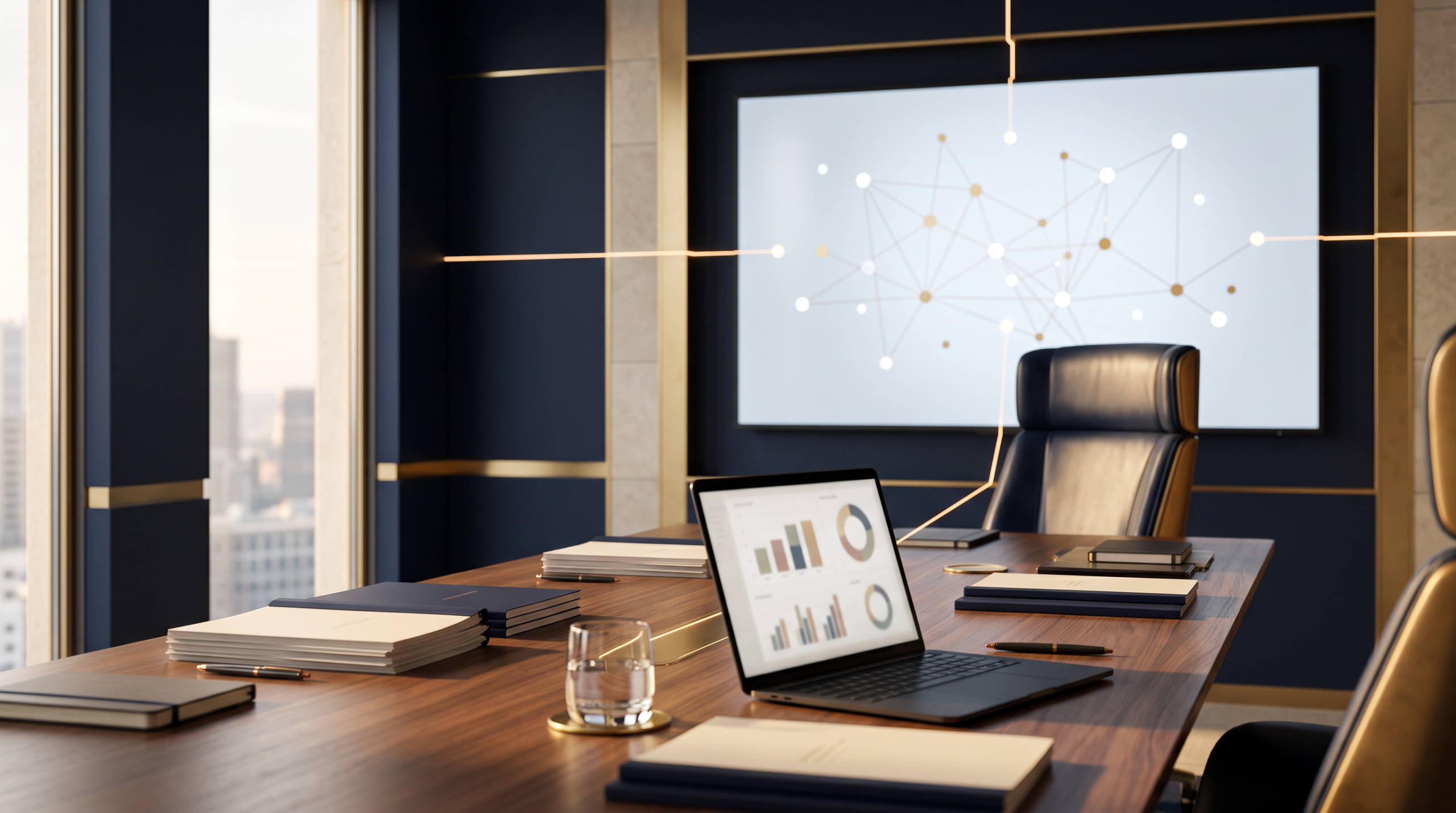 Executive boardroom with a laptop displaying growth analytics beside a glowing network diagram, representing connected go-to-market strategy and infrastructure.