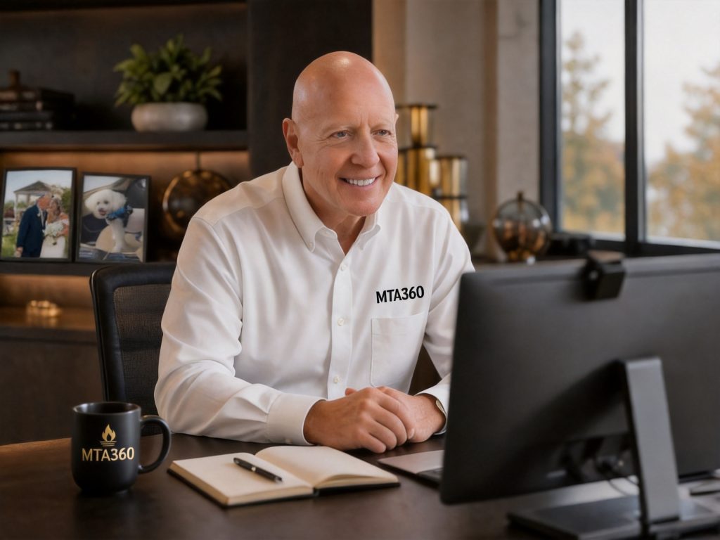 Jack Nagy on a video call at his office desk, wearing an MTA360 branded shirt.