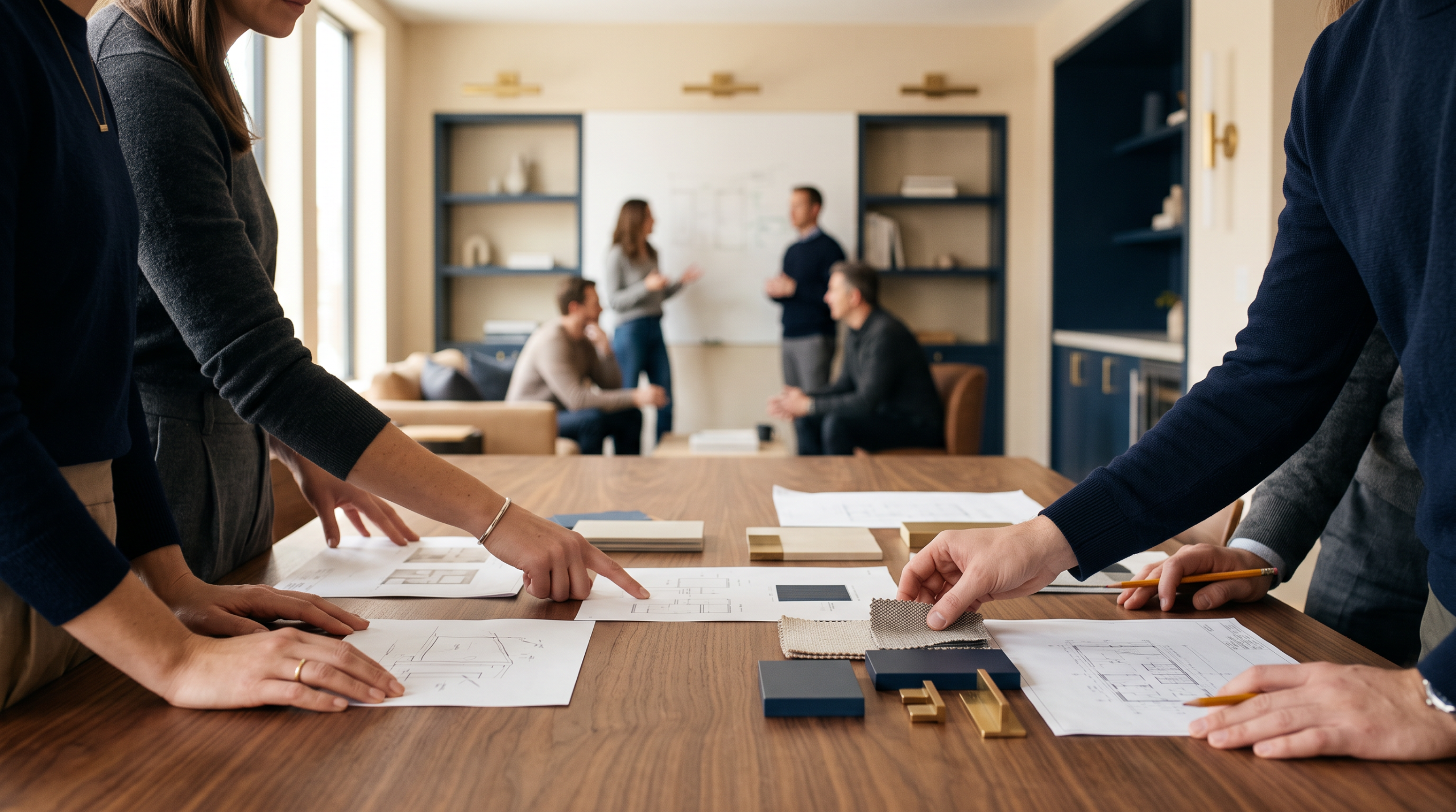 Anonymous team collaboration scene in a warm professional office.