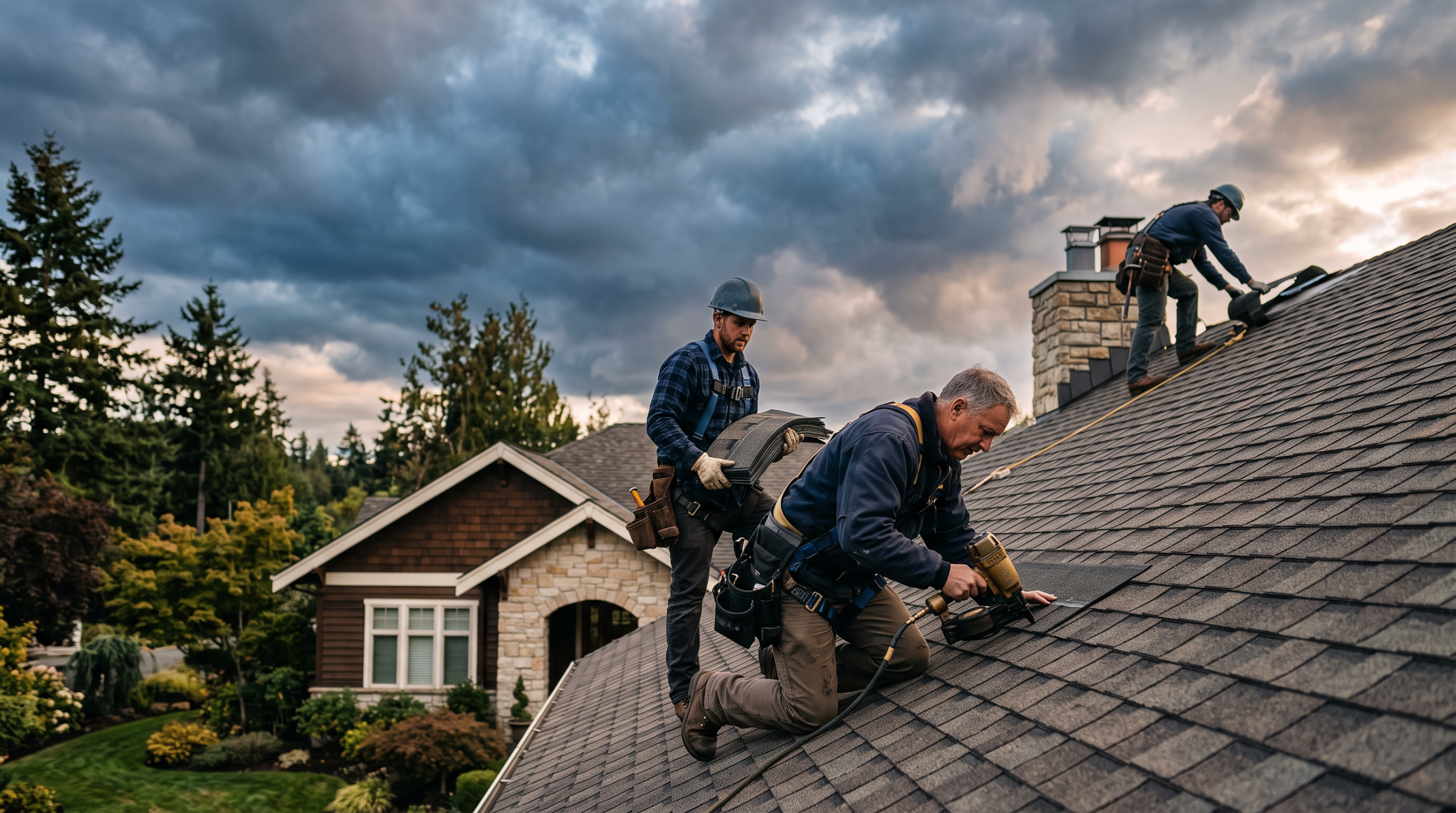 Roofing crew working on a residential roof beneath a dramatic sky.