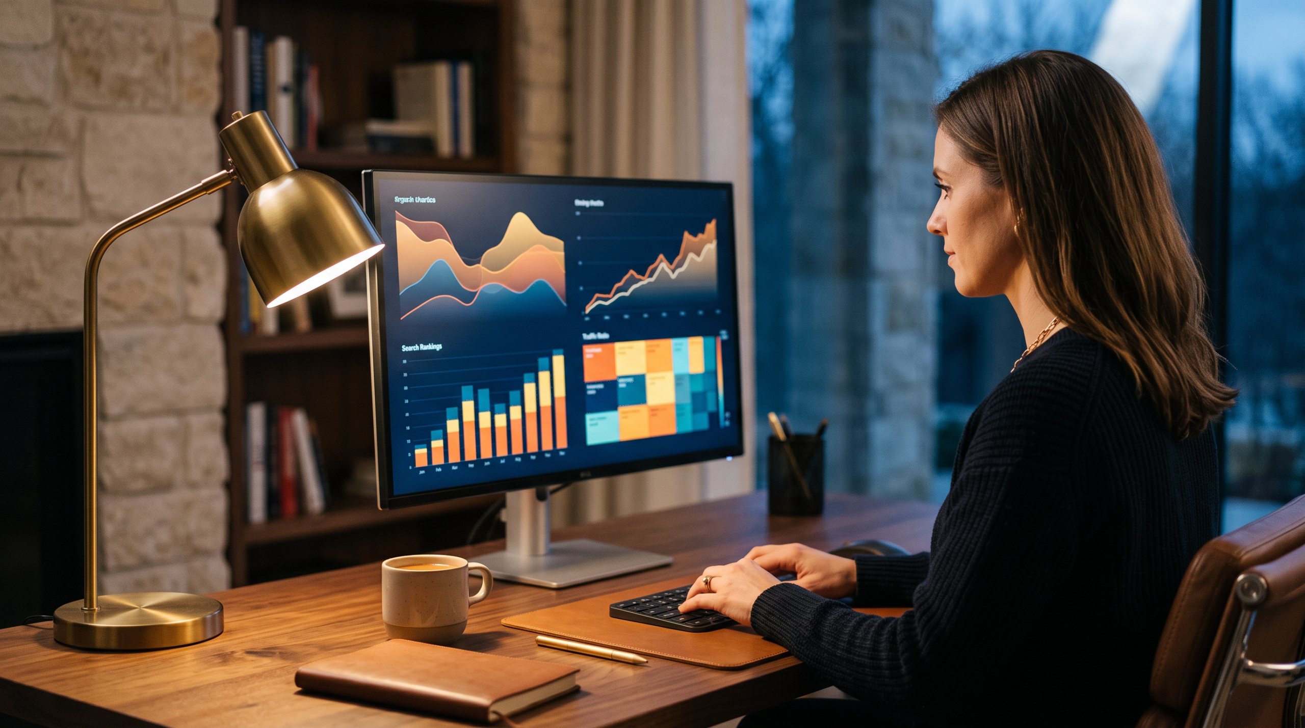 Desk with a monitor showing abstract search-ranking and traffic-graph visuals.
