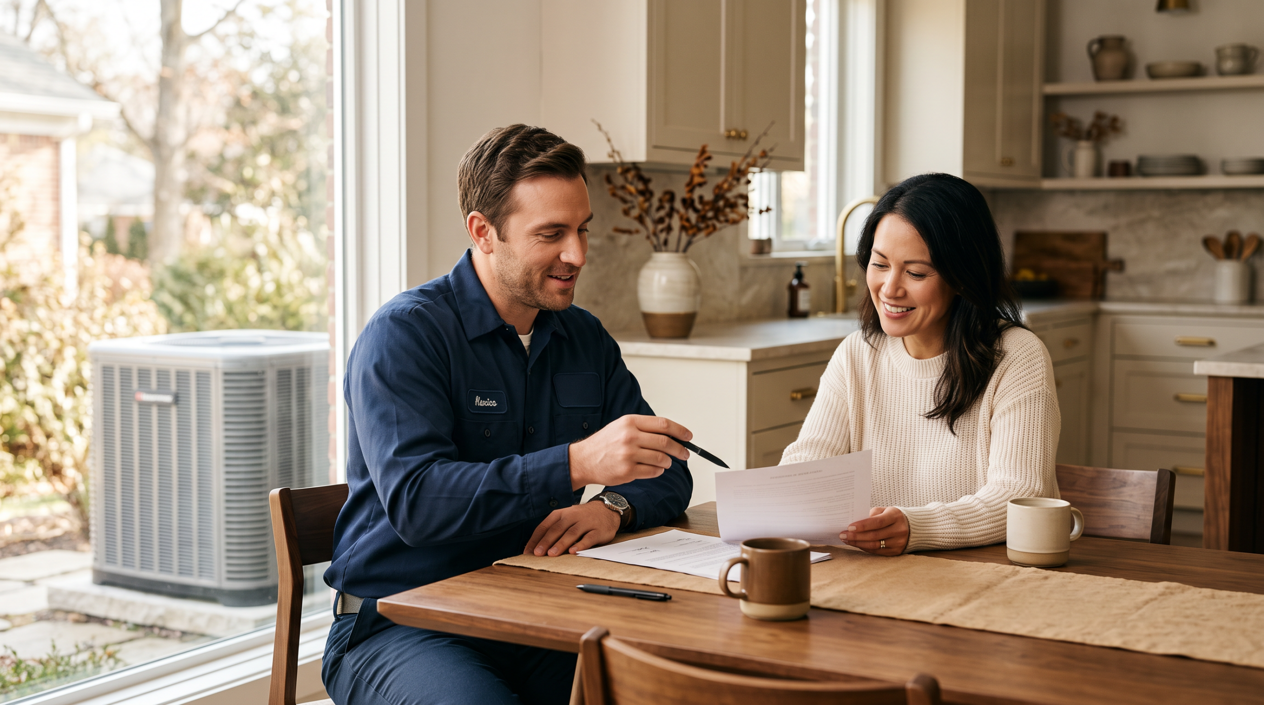HVAC technician and homeowner reviewing a paper service agreement at a kitchen table.