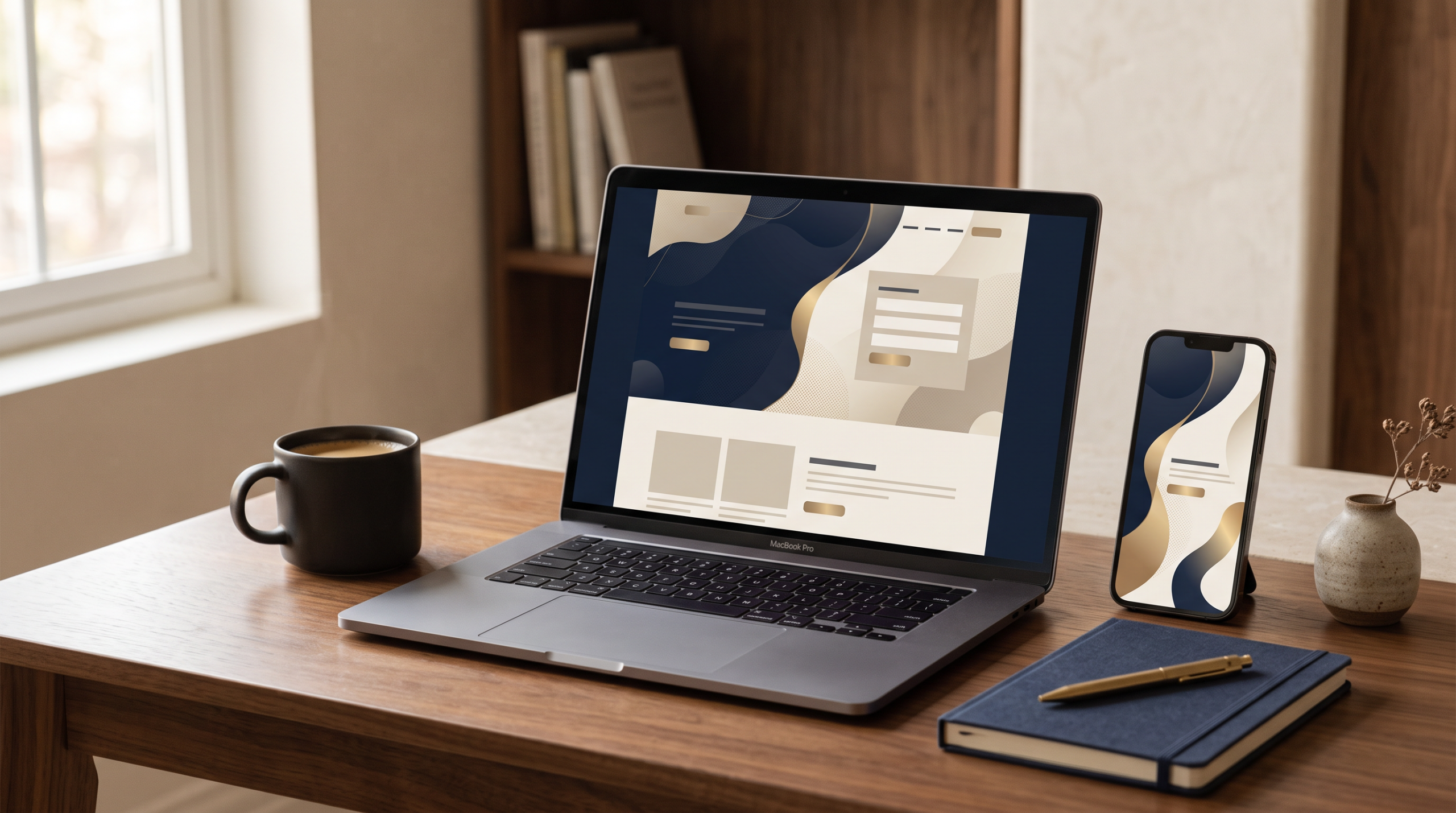 Laptop and phone on a desk displaying an elegant website layout in warm natural light.